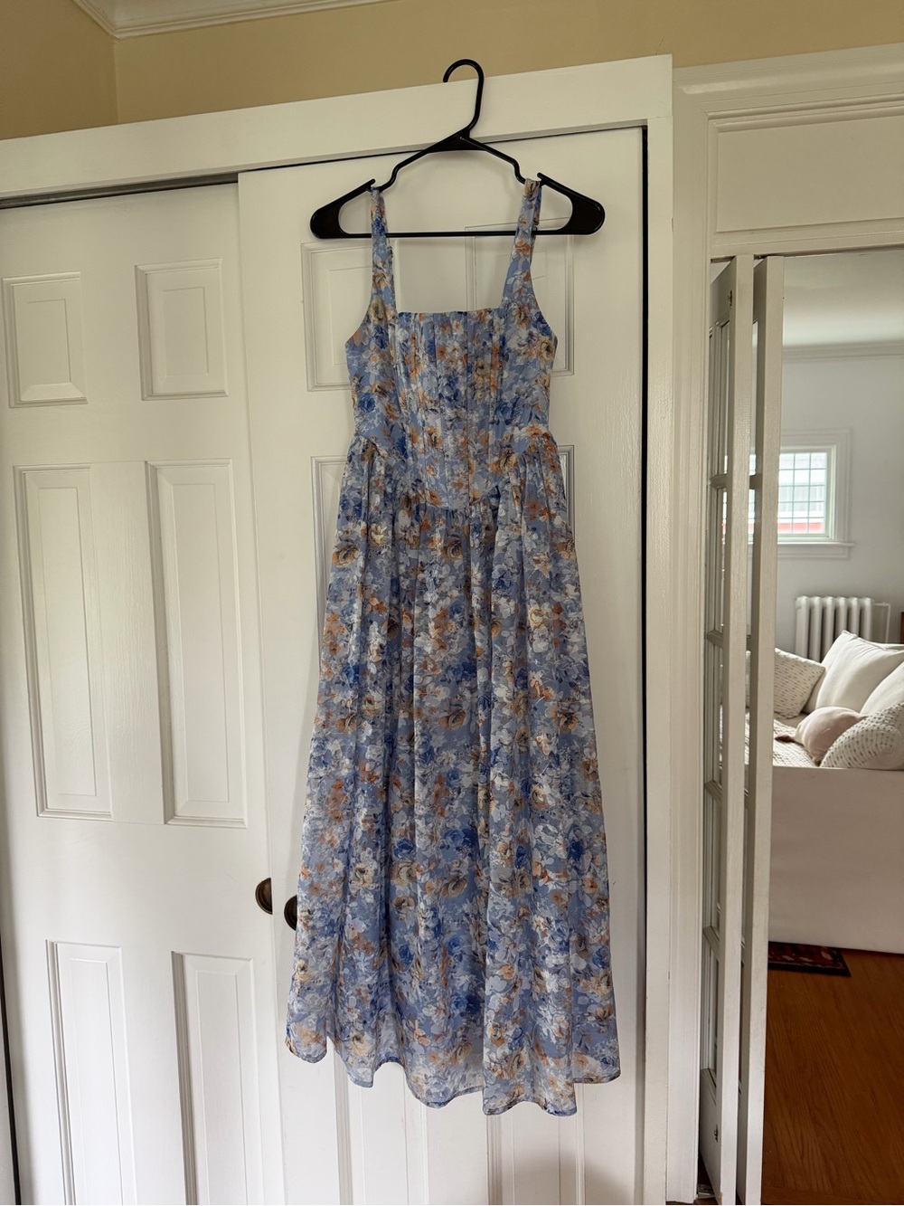 Lulu's Light Blue Floral Midi Dress with Tan & White Accents